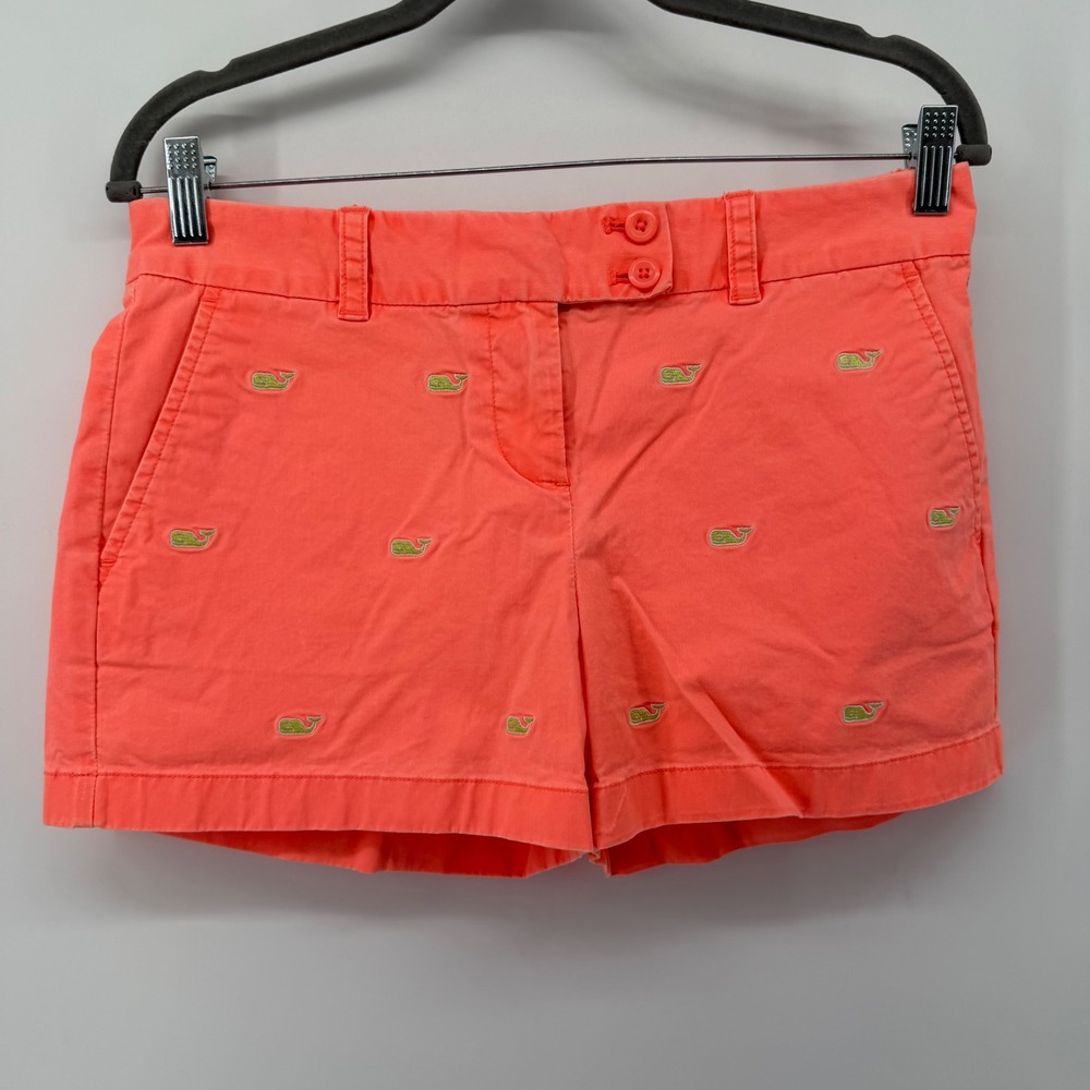 Vineyard Vines Shorts Womens 4‎ Coral Pink Whale Embroidered Chino Mid Rise Prep